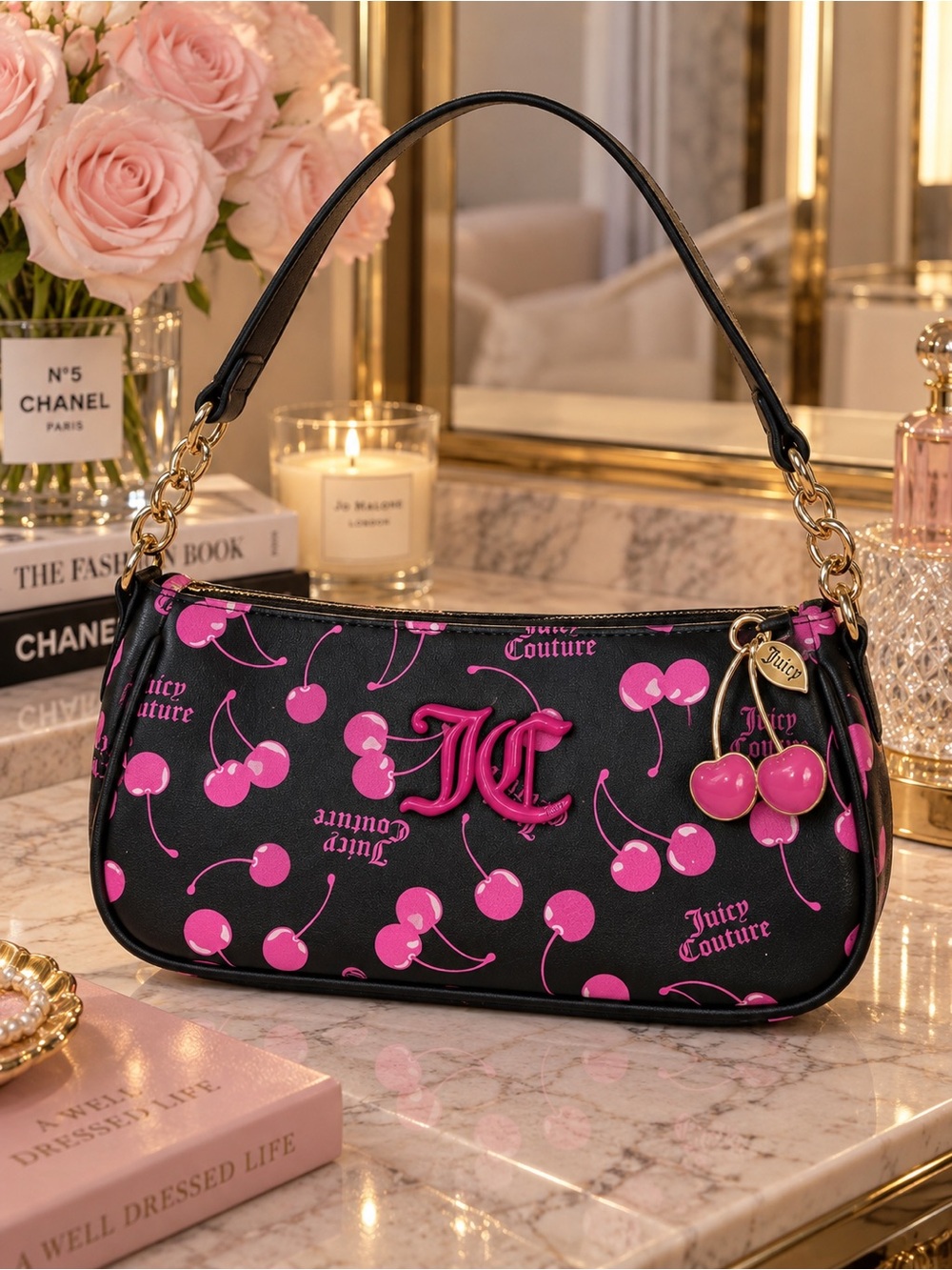 Juicy Couture Cherry On Top Black Pink Cherry Shoulder Bag
